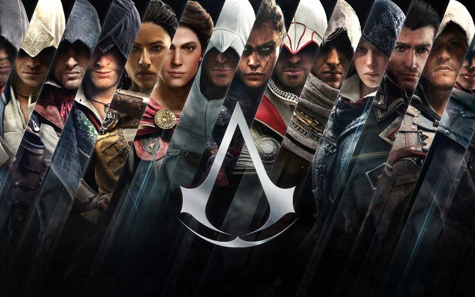 Imagens dos muitos protagonistas da franquia Assassin's Creed vistos alinhados um ao lado do outro atrás do símbolo da franquia.