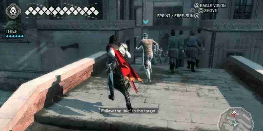 Ezio sobe uma ponte em Assassin's Creed 2.