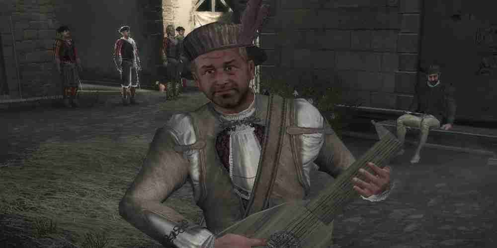 Um menestrel está em uma praça em Assassin's Creed 2.