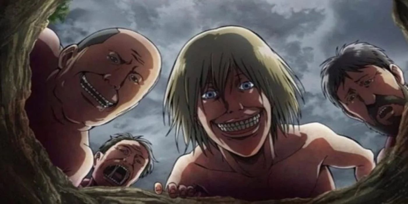 Imagem de um grupo de titãs de Attack on Titan.