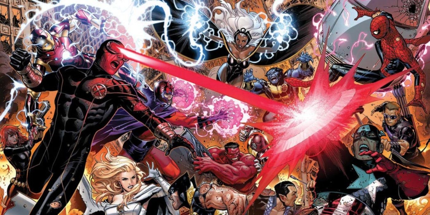 Cyclops, Emma Frost, Storm, and other mutants fight the Avengers. 