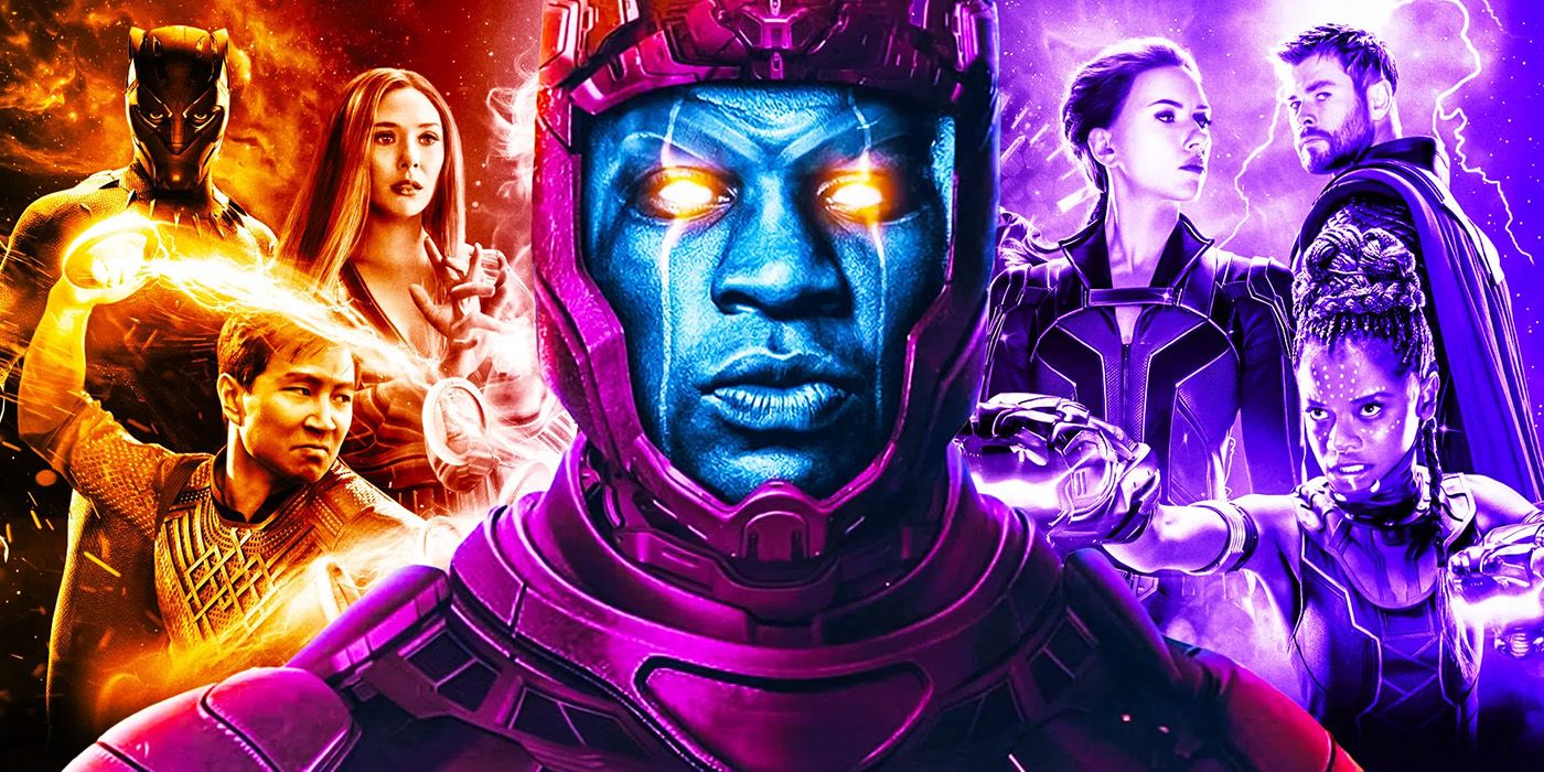 Blended image of Kang the Conqueror (Jonathan Majors) fan art in front of Black Panther, Scarlet Witch (Elizabeth Olsen), Shang-Chi (Simu Liu), Black Widow (Scarlett Johanssen), Thor (Chris Hemsworth), and Shuri (Letitia Wright)