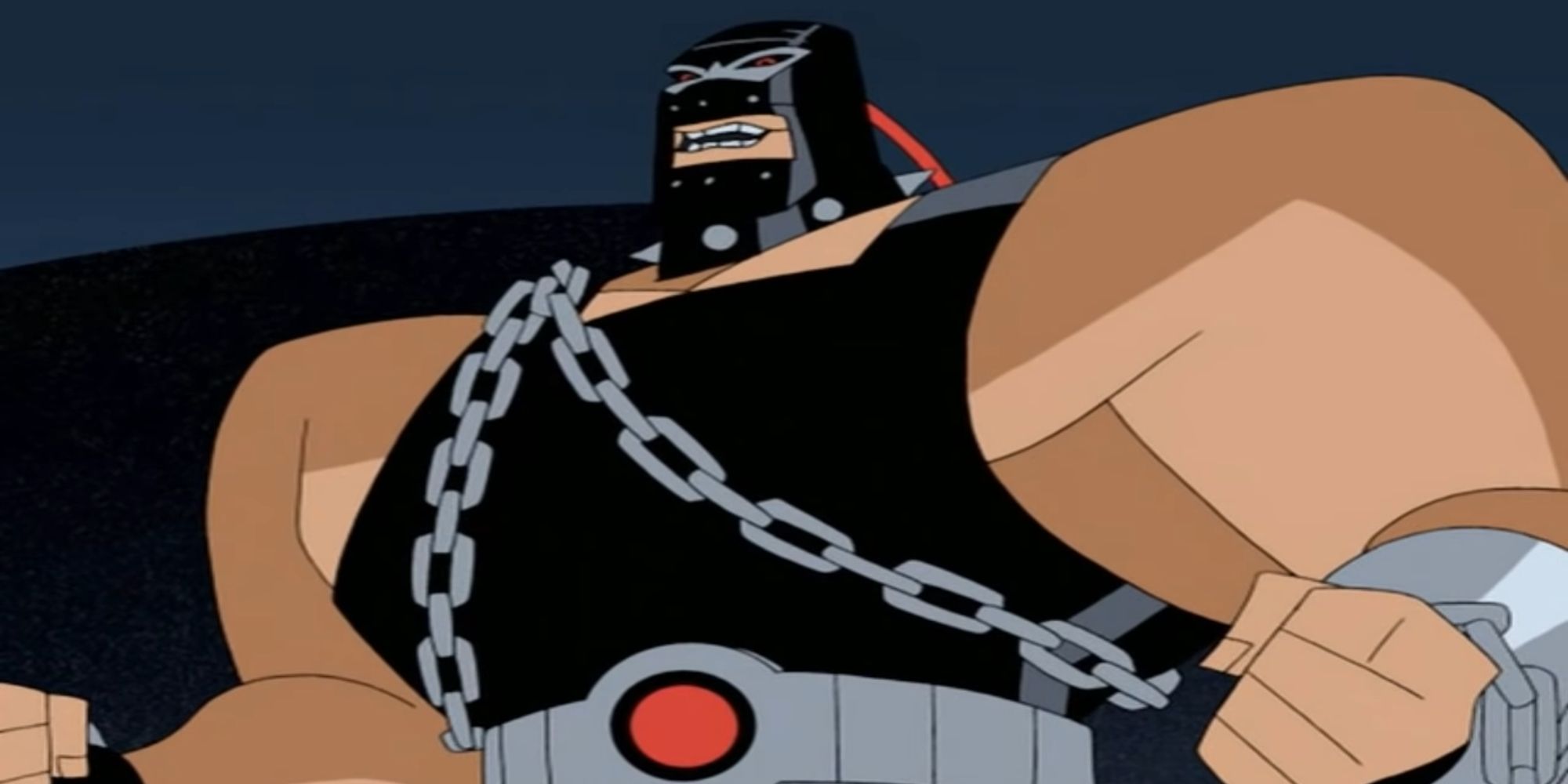 Bane de pé sobre Batman em The New Batman Adventures