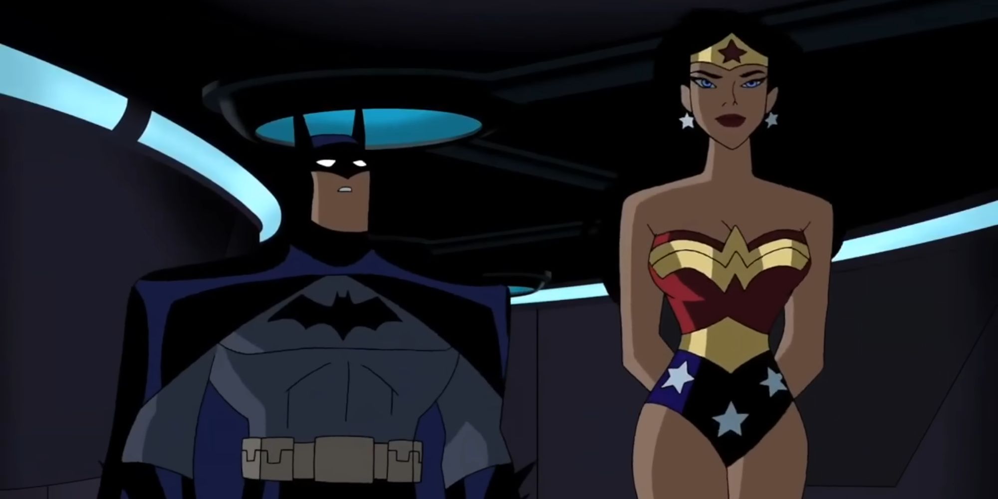 Batman e Mulher-Maravilha vagando pelos corredores da Torre de Vigia em Justice League Unlimited