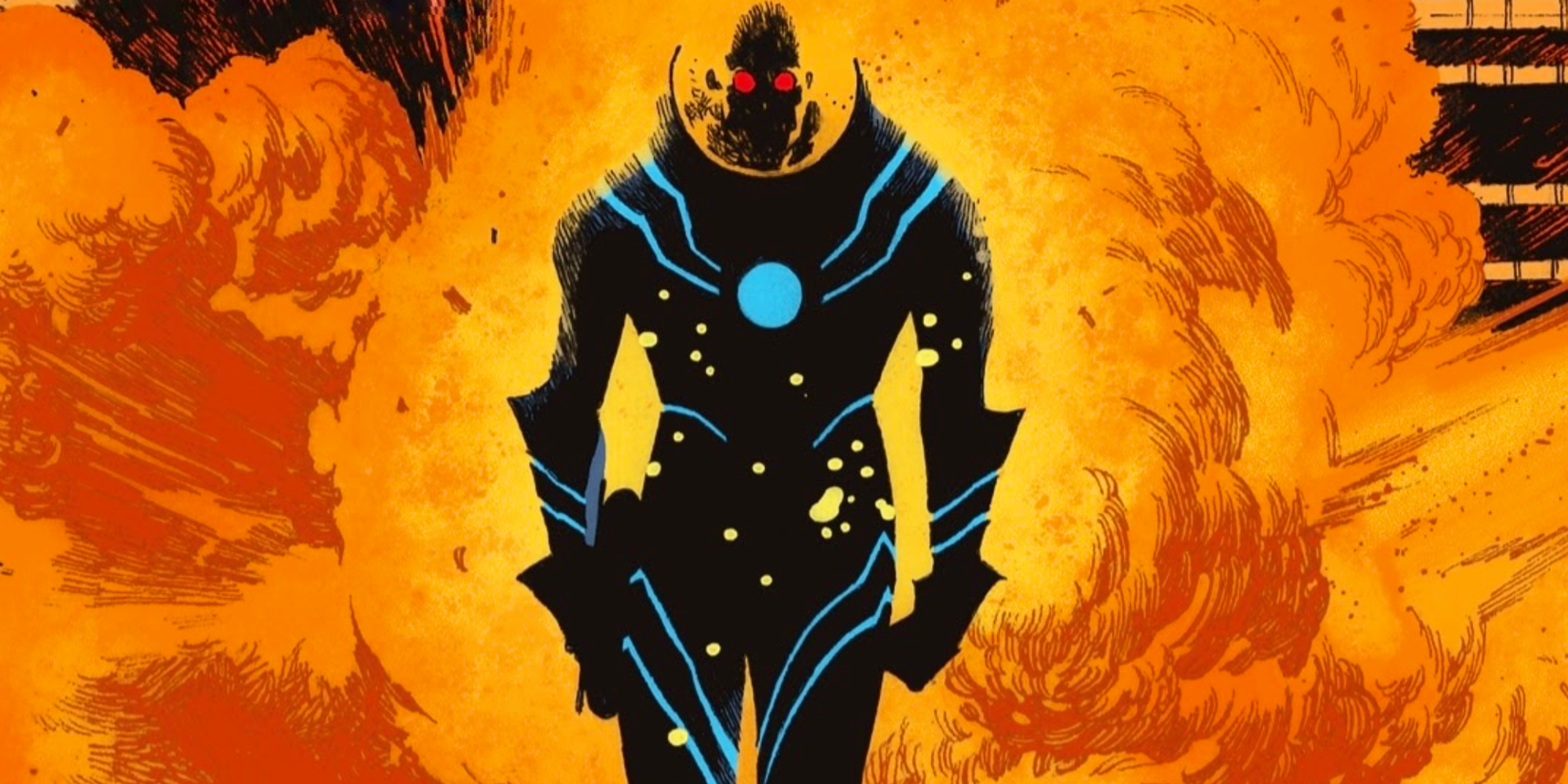 Comic book art: Mr Freeze walks forward in front of an explosion.