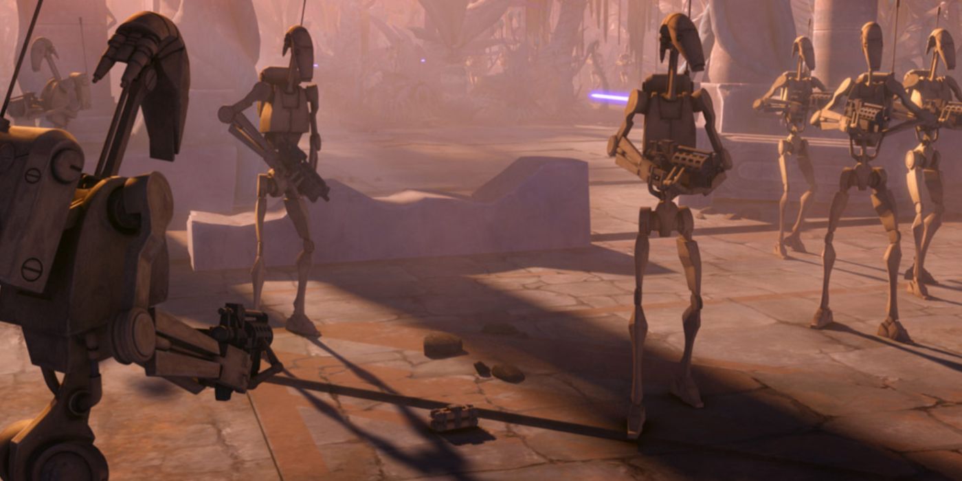 Dróides de batalha discutem uma bomba em The Clone Wars