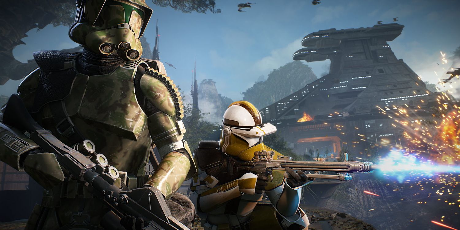 Dois clone troopers atirando em Star Wars Battlefront 2
