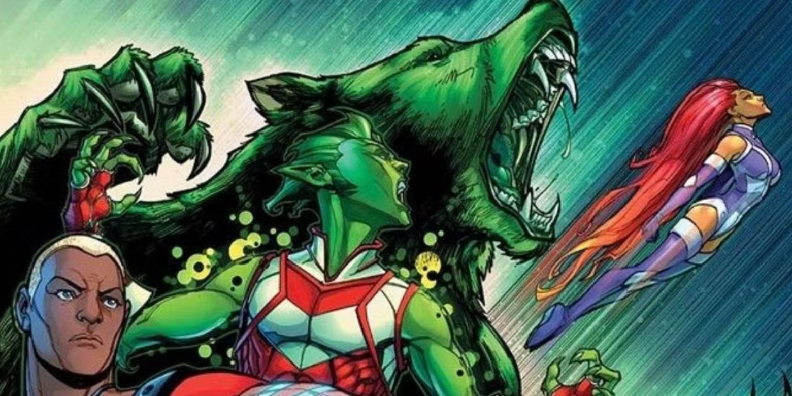 Beast Boy transforms in DC Comics while Starfire flies behind him