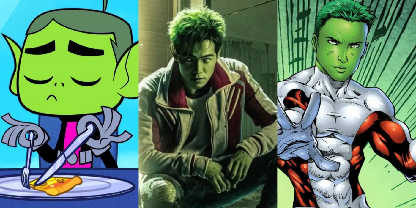 A split image features Beast Boy in animation, live action, and DC comics