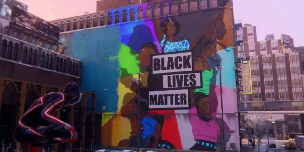 Mural Black Lives Matter visto em Homem-Aranha - Miles Morales