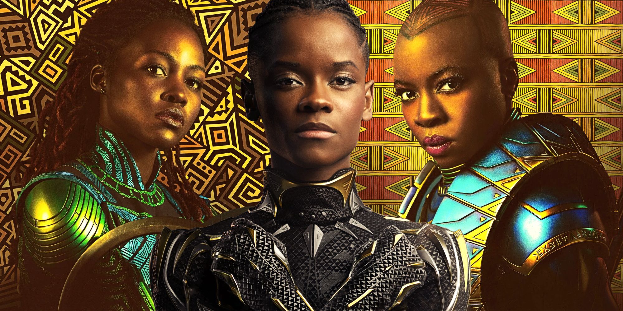 Lupita Nyong'o as Nakia, Letitia Wright as Shuri, and Danai Gurira as Okoye Black Panther Wakanda Forever character posters