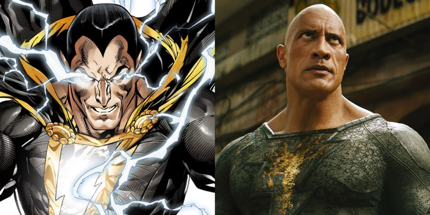 A split image features Black Adam in DC Comics and as portrayed by Dwayne Johnson in live action