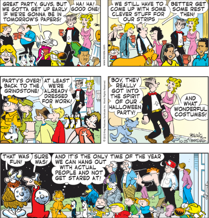 Une image à cinq panneaux de l'hommage du 75e anniversaire de Blondie à toute la page de la bande dessinée est affichée.