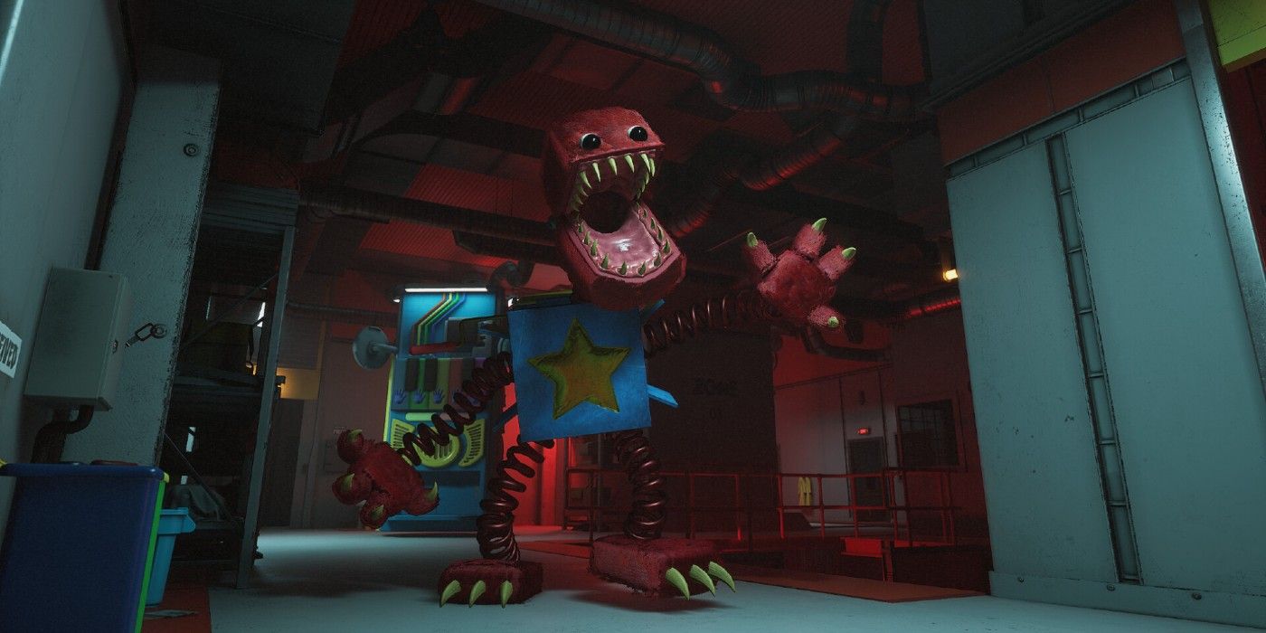 Boxy Boo, a jack-in-the-box monster, from Poppy Playtime stomps down corridor