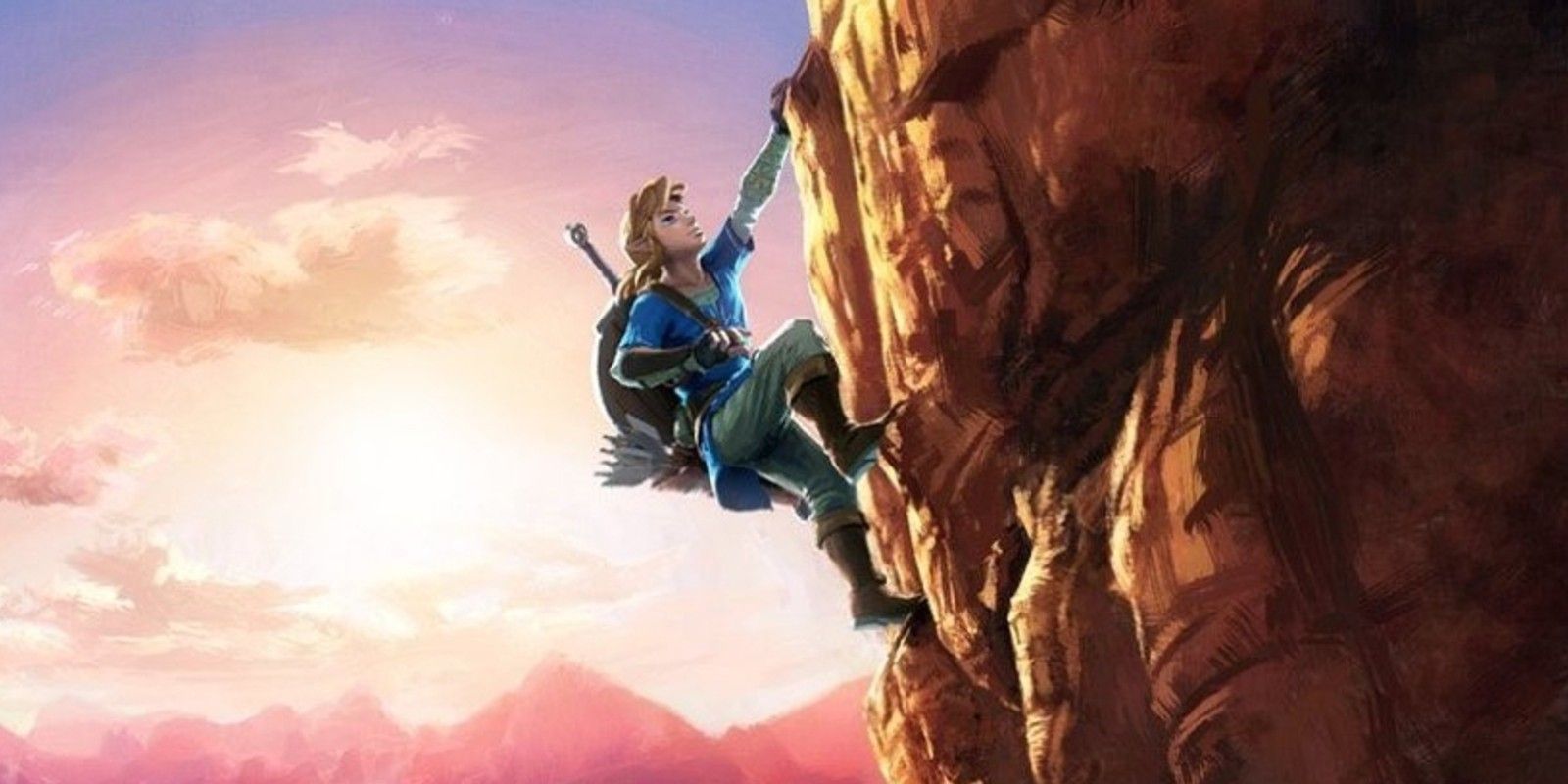 Link climbing a cliff in a The Legend of Zelda: Breath of the Wild promo image.