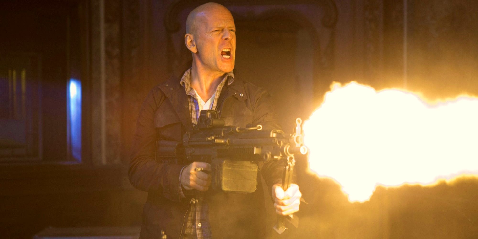 Bruce Willis as John McClane in A Good Day to Die Hard, firing a gun