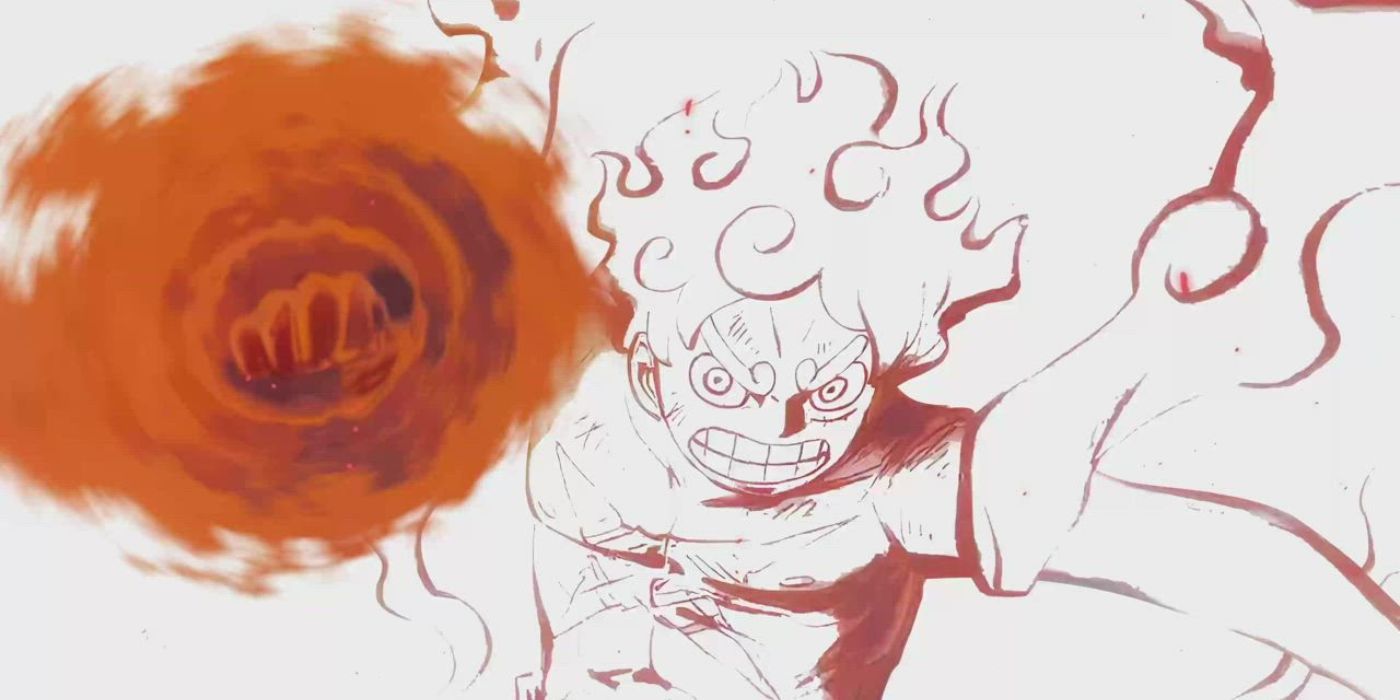 Luffy em sua forma Gear 5 atacando Tot Musica em One Piece Film: Red.