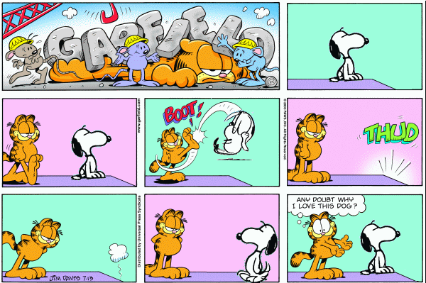 Une image à plusieurs panneaux d'un invité de la bande dessinée Garfield mettant en vedette Snoopy est affichée.
