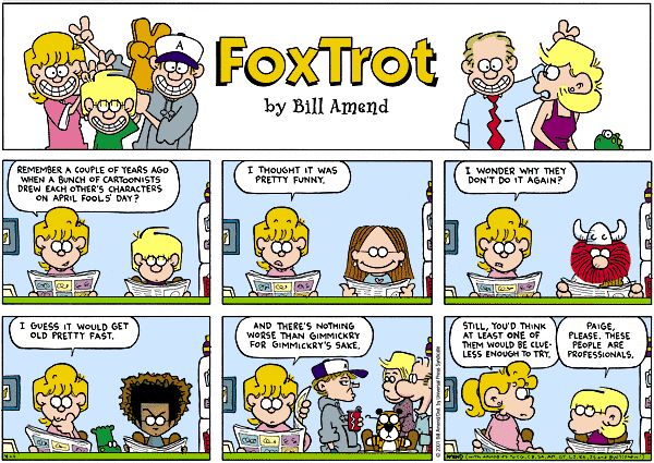 Une image à plusieurs panneaux de la bande dessinée Fox Trot de Bill Amend avec des personnages invités d'autres bandes dessinées est présentée.