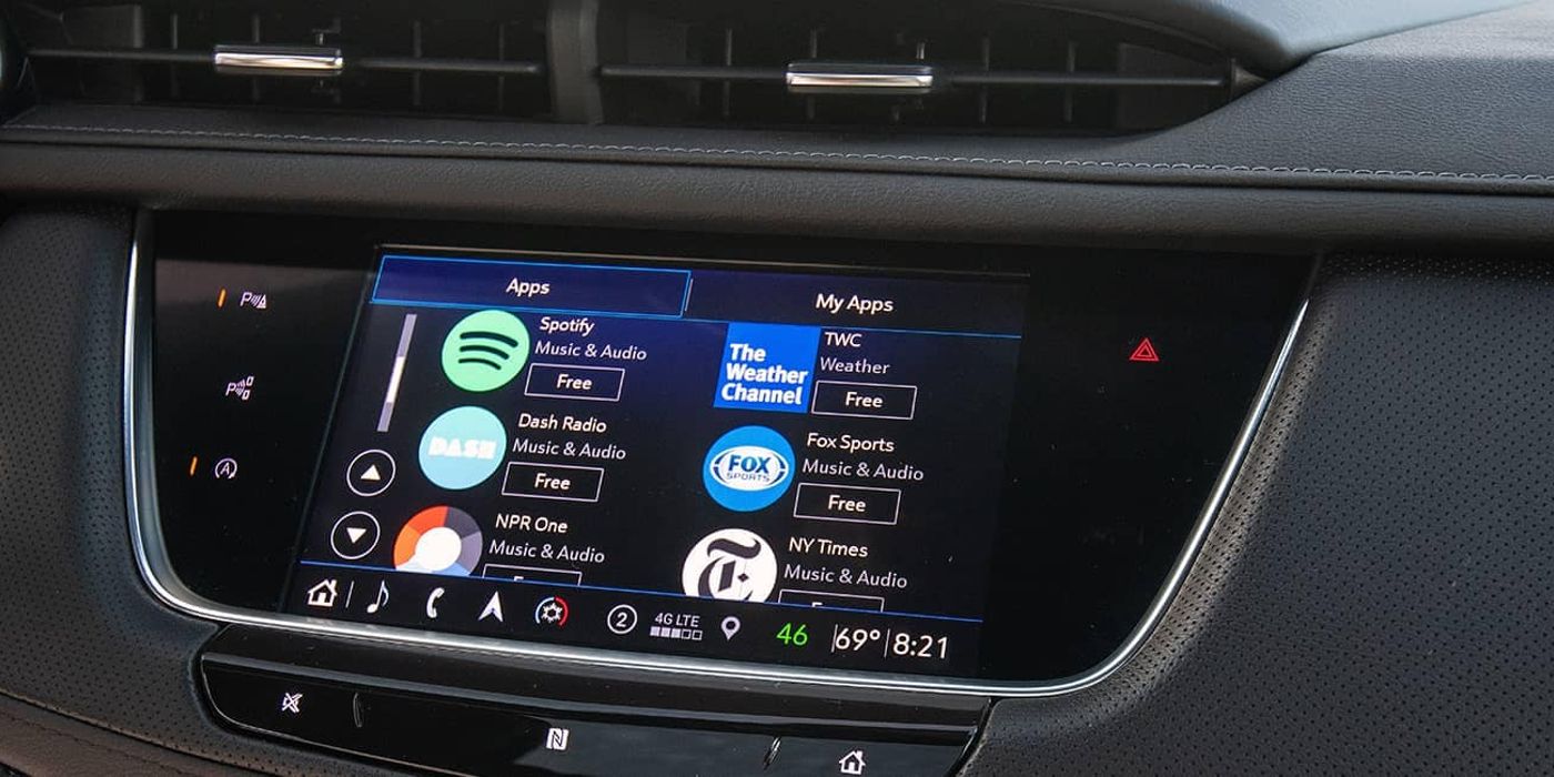 A photo of the Cadillac infotainment screen with some apps displayed
