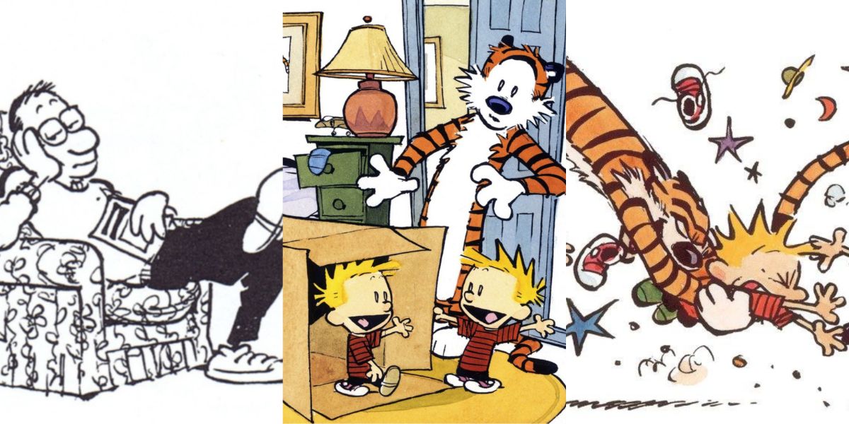 calvin and hobbes split image with calvin's dad, the duplicator, and hobbes' tackling calvin.