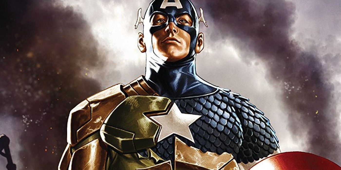 Captain America with half of his classic blue suit and half of the green and gold Captain Hydra suit from Marvel's Secret Empire.