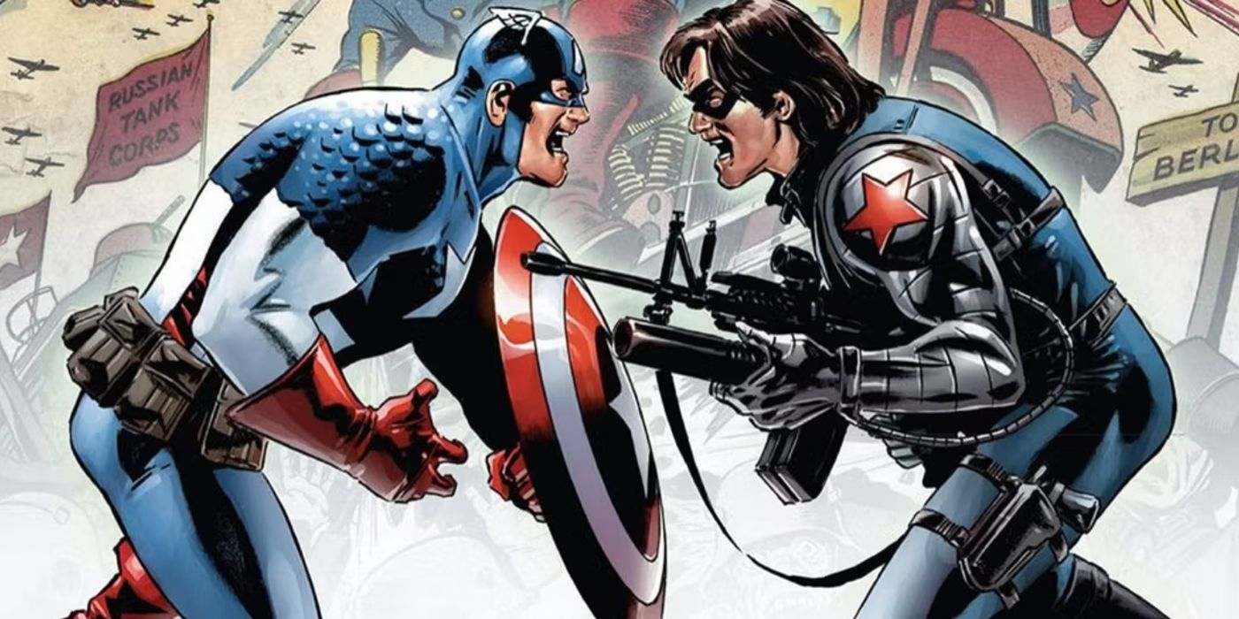 Captain America facing off with The Winter Soldier