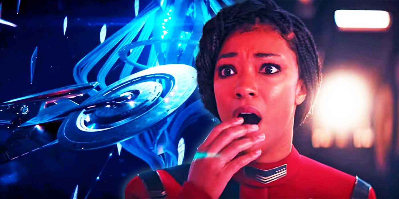 Sonequa Martin-Green covering her mouth in shock in Star Trek: Discovery with the USS Discovery behind her