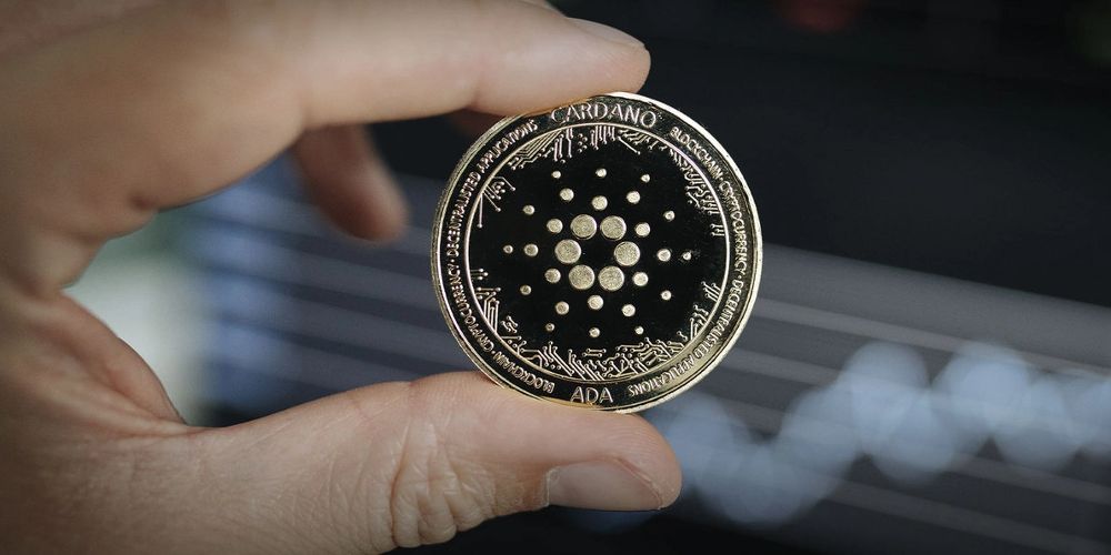 A Cardano coin is held up