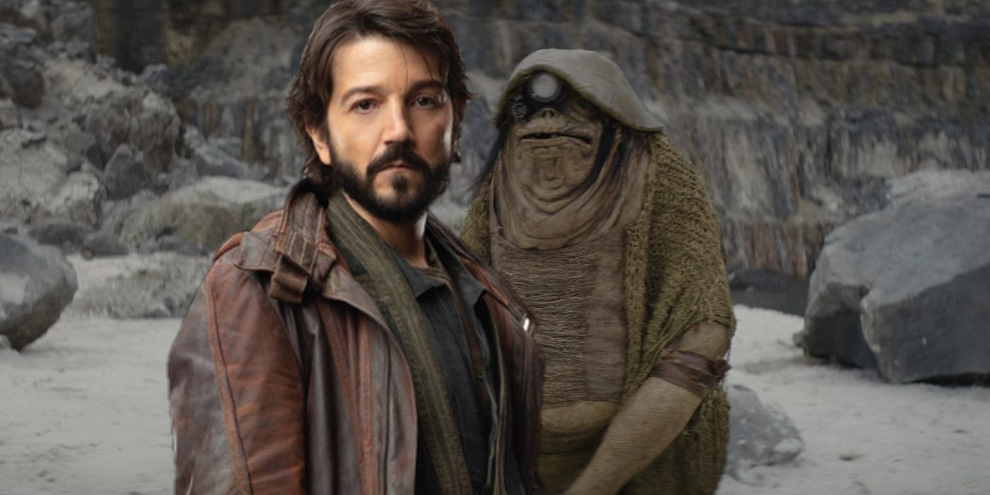 Diego Luna as Cassian Andor in rebel costume backdropped by a strange alien from Andor