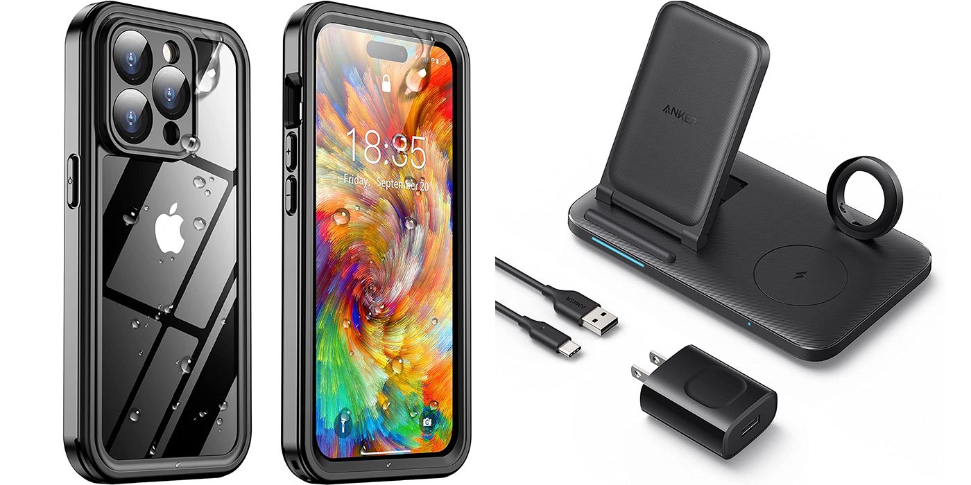 Split image of the Tendon case for iPhone and Anker 3-in-1 charger