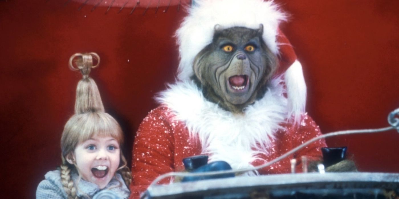 Cindy Lou Who and The Grinch screaming while riding on his sleigh in How the Grinch Stole Christmas. 