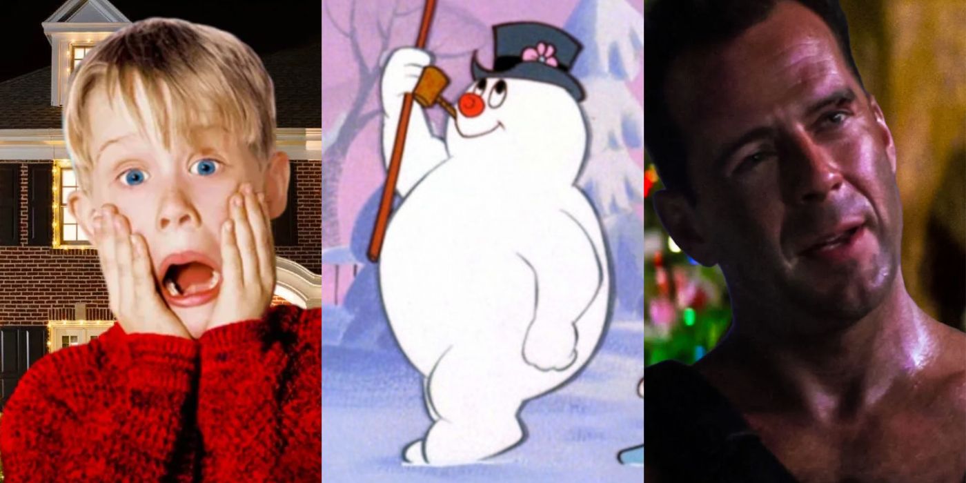 Kevin looking scared in Home Alone, Frosty marching in Frosty the Snowman, and John McClane in Die Hard. 