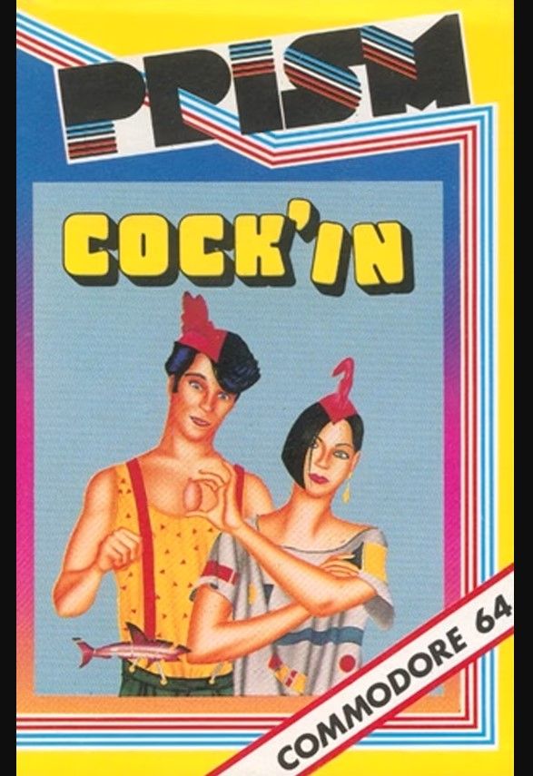 arte da caixa cock'in, um homem e uma mulher segurando um ovo de galinha com chapéus vermelhos