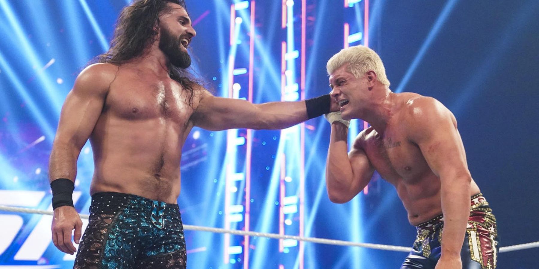 Seth Rollins gets the better of Cody Rhodes during their WrestleMania 38 rematch at WWE Backlash in 2022.