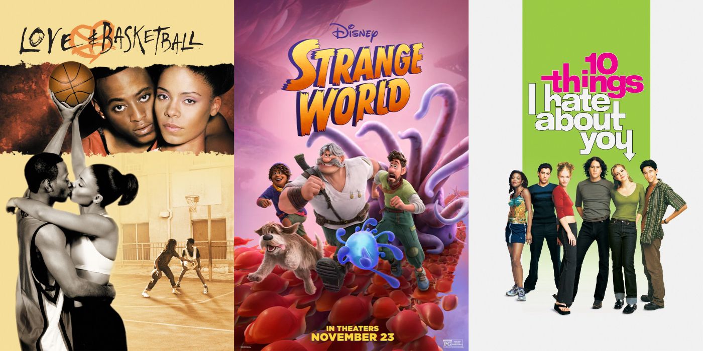 Movie posters for LOve and Basketball, Strange World, and 10 Things I Hate About You.