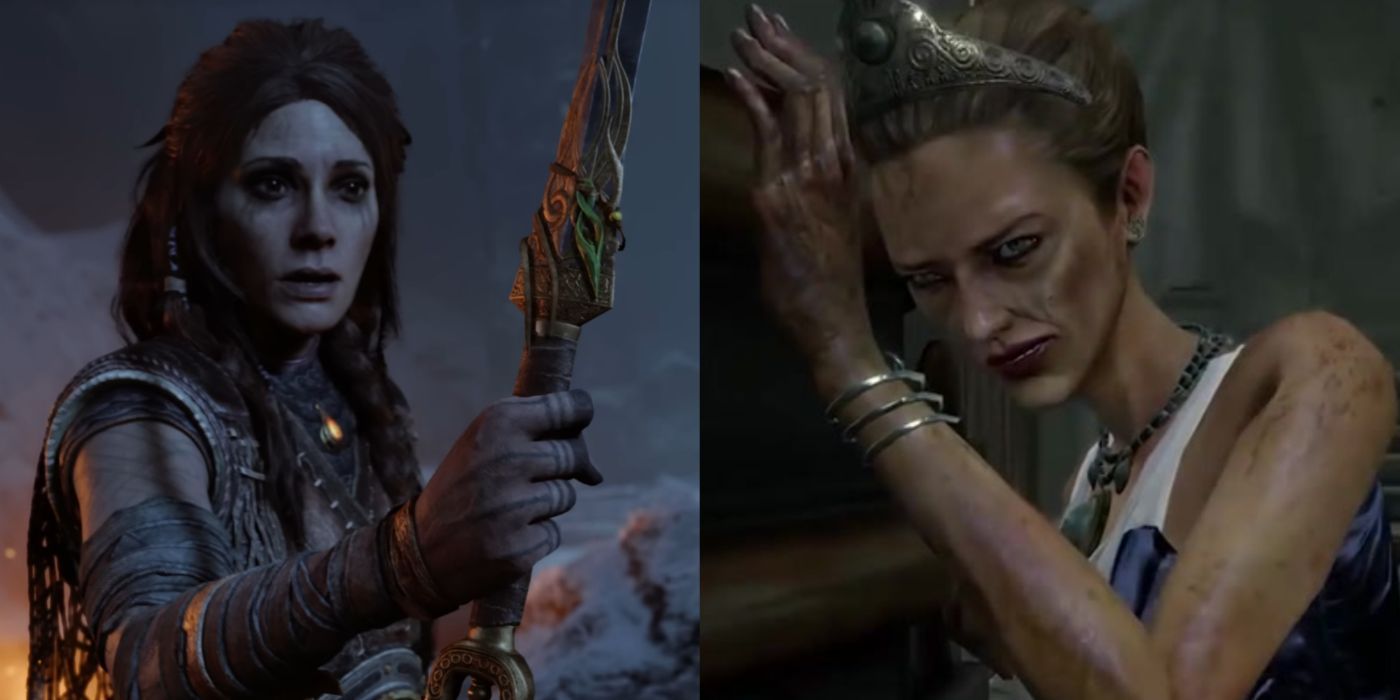 Uma imagem dividida de Freya e Hera de god of war ragnarok e god of war iii.