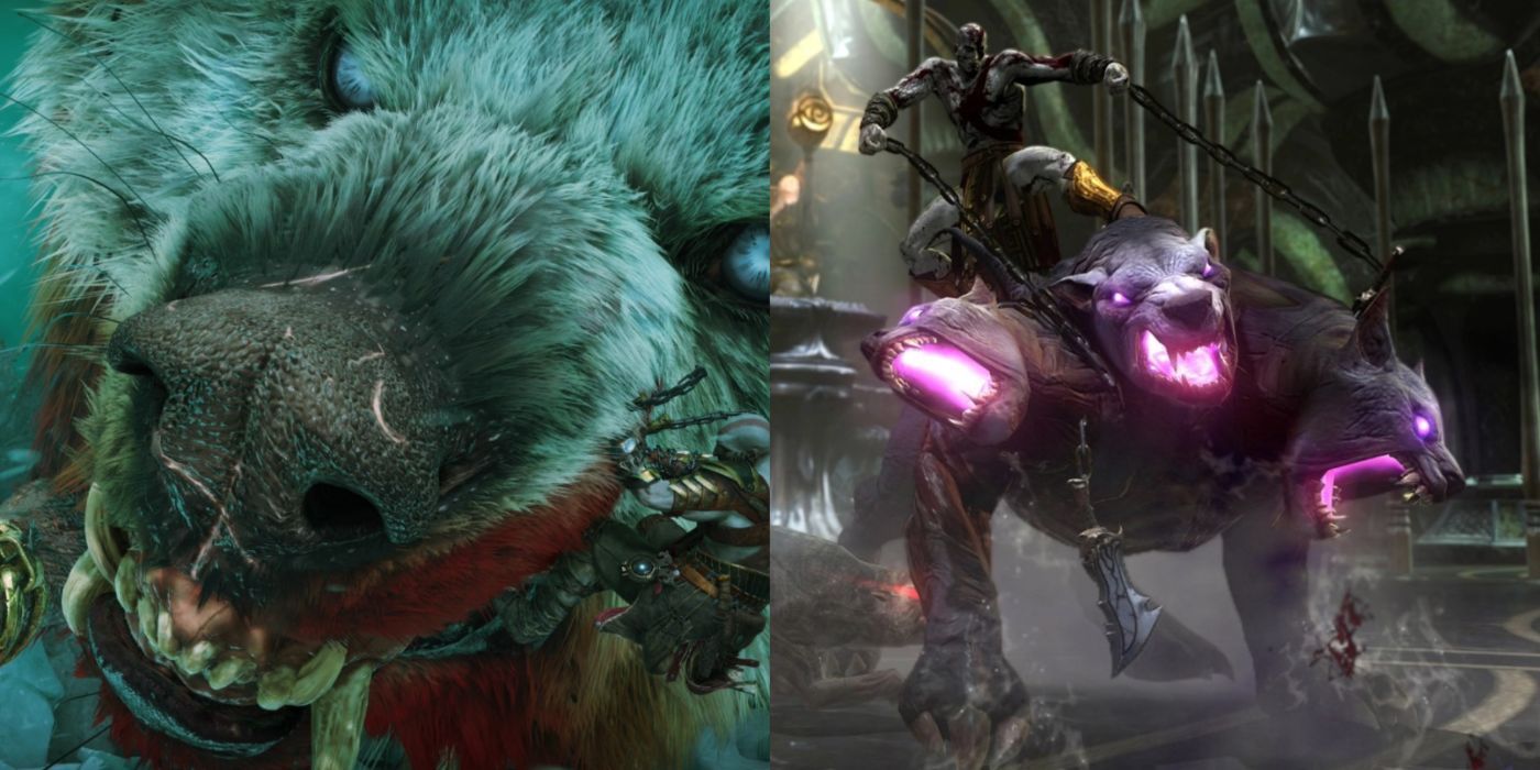 A split image of Kratos fighting Garm and Kratos riding Cerberus in god of war ragnarok and god of war iii.