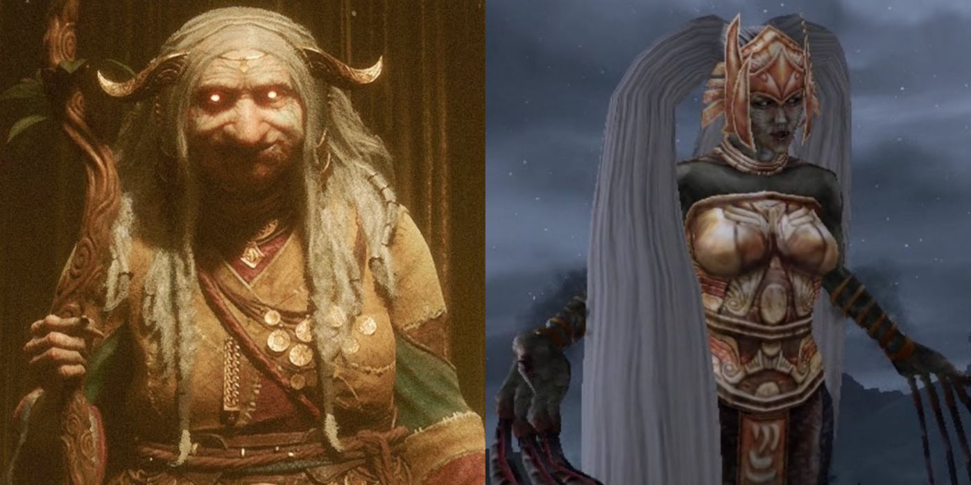 Uma imagem dividida de uma das nornas e uma das irmãs do destino de god of war ragnarok e god of war ii.