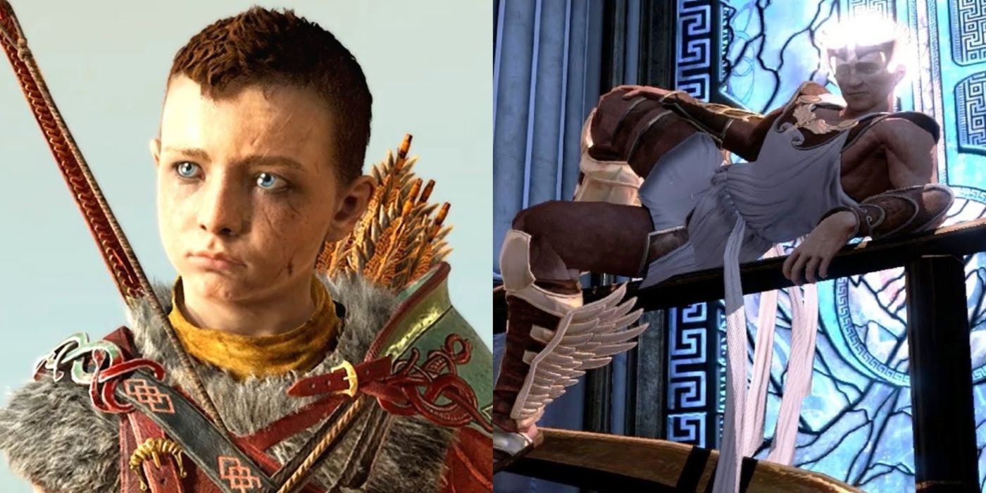 Uma imagem dividida de Atreus e Hermes de god of war (2018) e god of war iii.