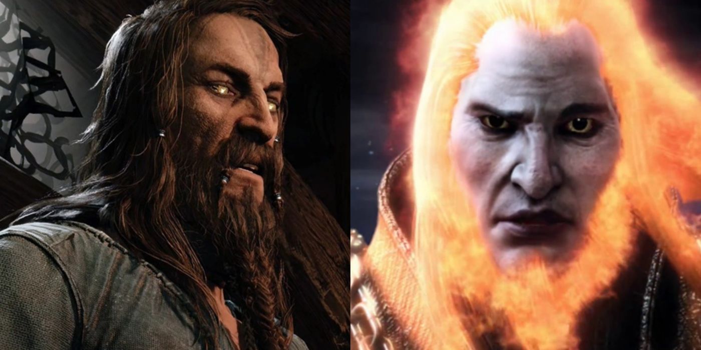 Uma imagem dividida de Tyr e Ares de god of war ragnarok e god of war.