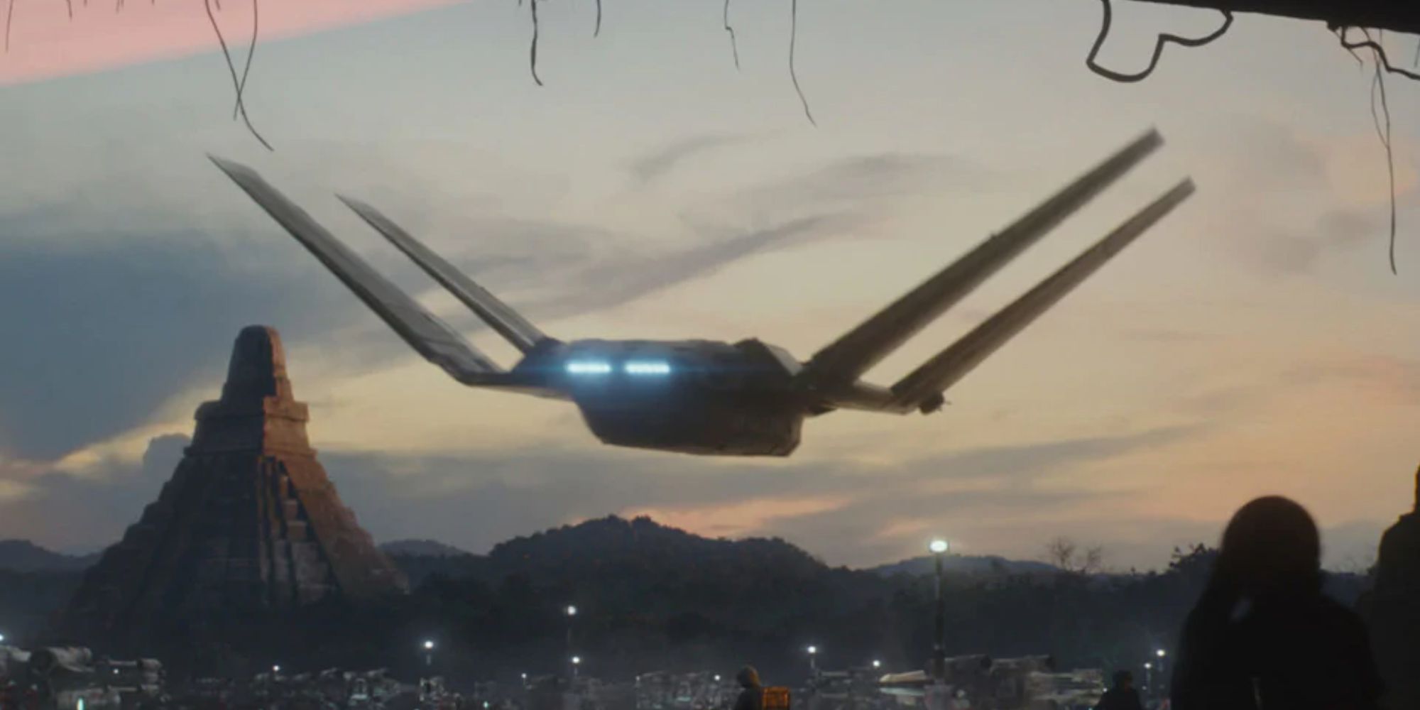 A Zeta-class shuttle lands on Yavin IV in Rogue One.