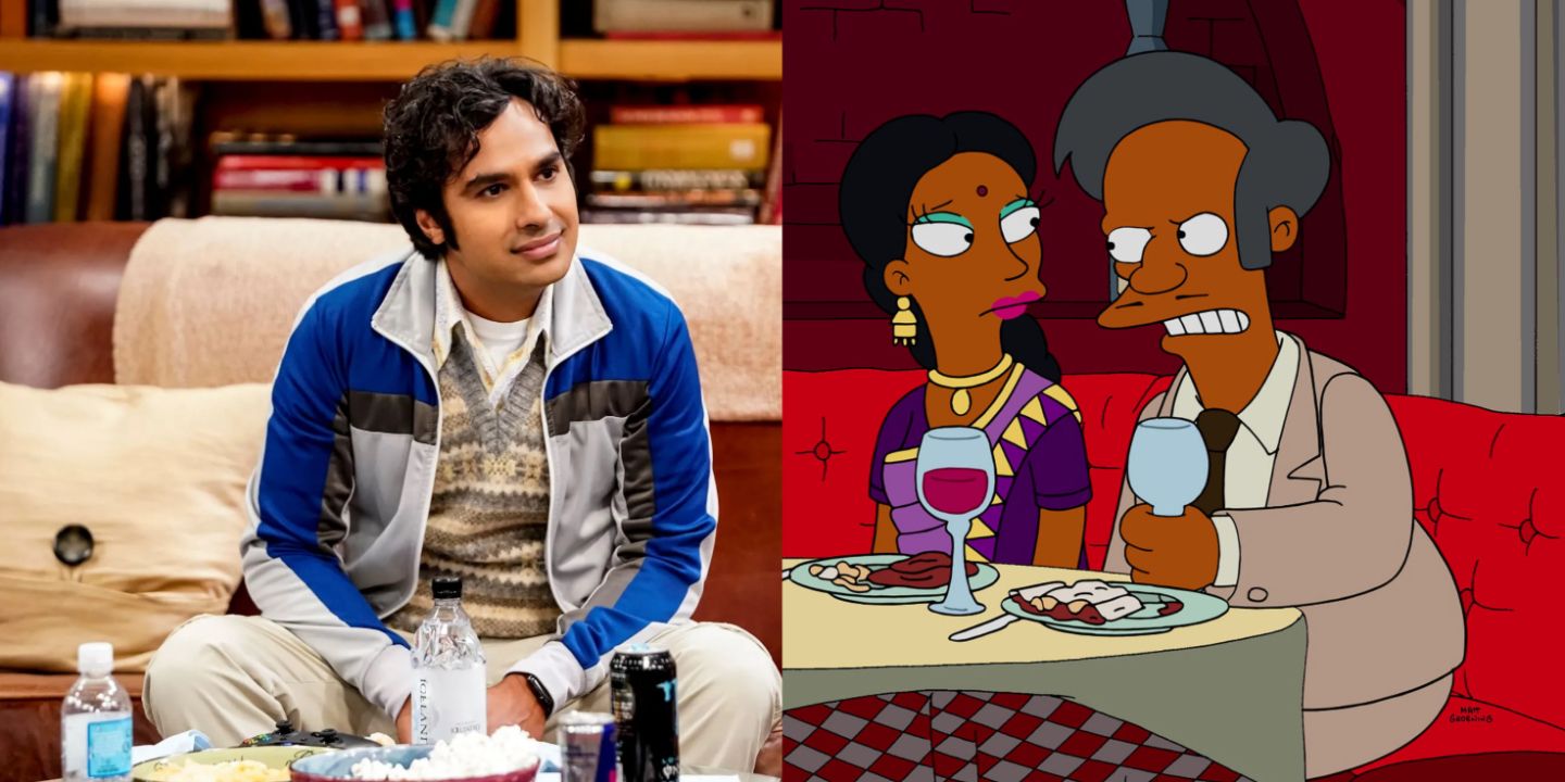 Split image of Raj from The Big Bang Theory and Apu with his wife in The Simpsons