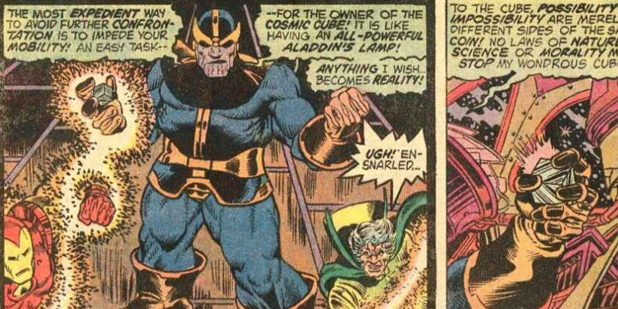Thanos empunha o Cubo Cósmico na Marvel Comics.