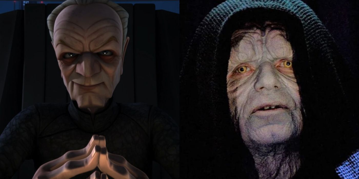 Split image of Palpatine in The Clone Wars and Return of the Jedi