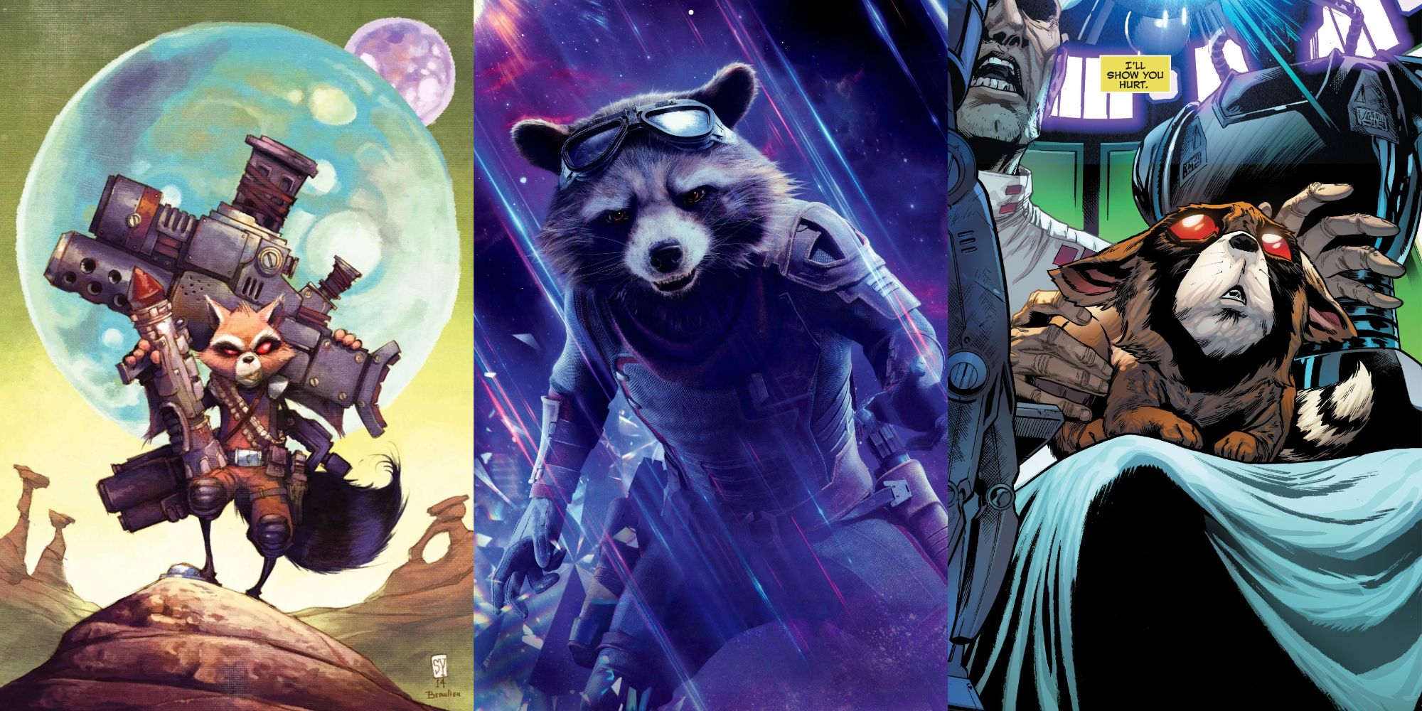 Split image of Rocket Raccoon holding guns in Marvel Comics, Rocket from the MCU, and Rocket's origin from the comics.