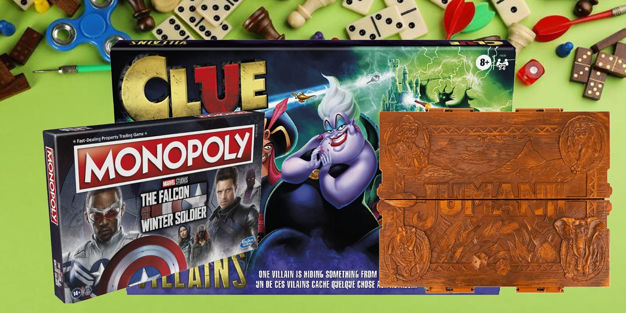 Collage of Clue Disney Villains Edition, Jumanji Deluxe Edition, and Monopoly The Falcon and the Winter Soldier Edition board games Amazon product shots