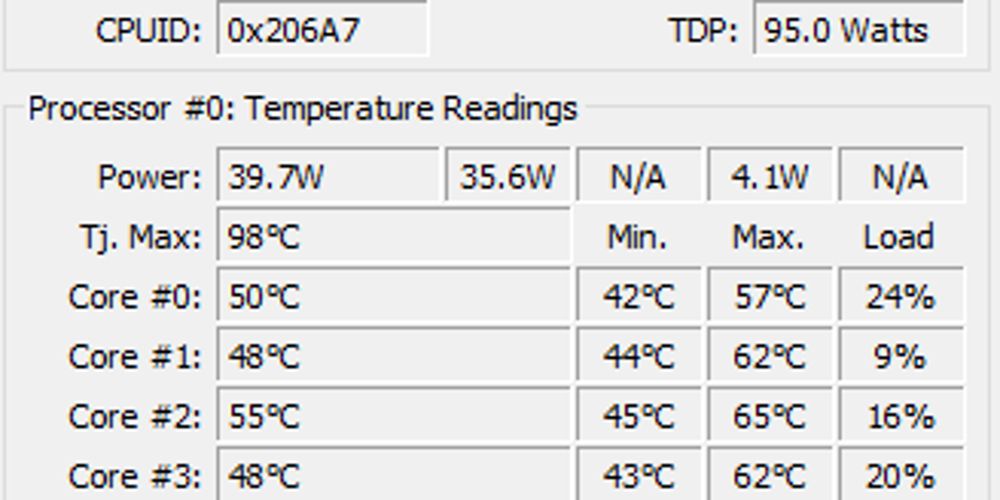 Uma leitura de temperatura do núcleo é mostrada