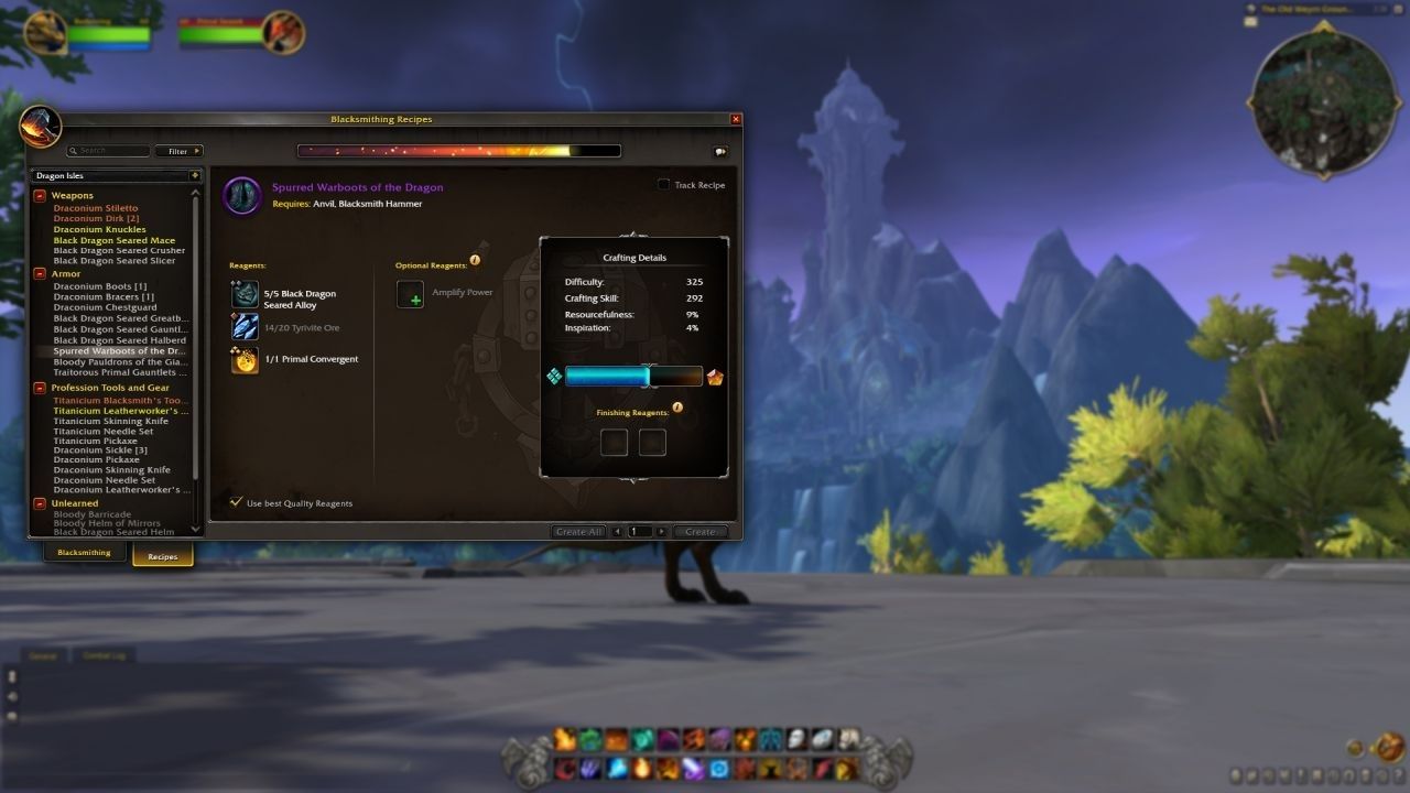 Uma imagem de captura de tela no World of Warcraft Dragonflight mostrando o novo menu Profissões