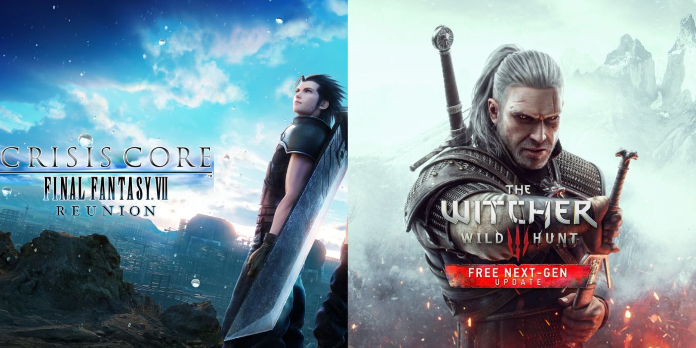 Split image of Crisis Core: Final Fantasy VII Reunion and The Witcher 3 promo art.